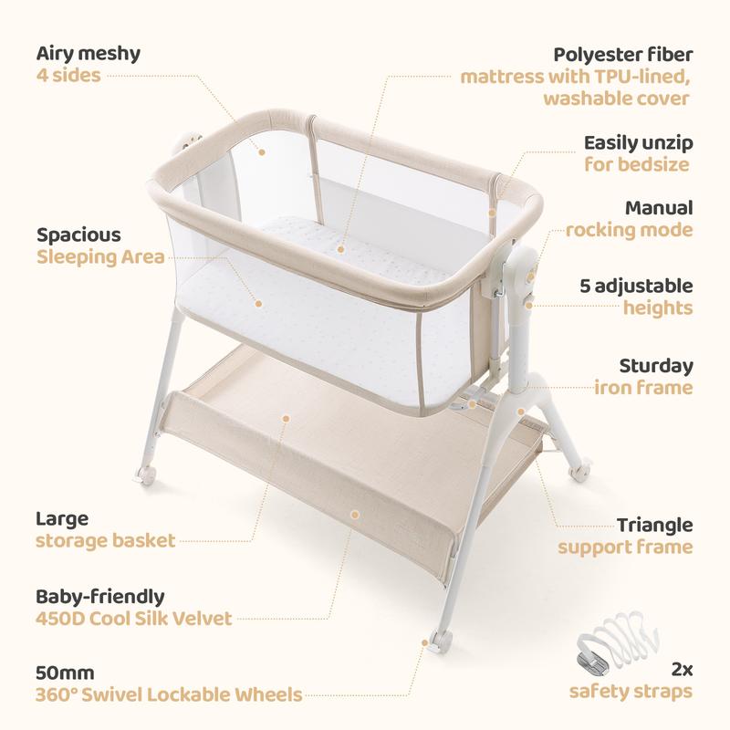 HARPPA 3-in-1 Rocking Baby Bassinet & Bedside Sleeper, Height Adjustable Crib,  Baby Bassinet with Wheels & Storage Basket, Sleeping Cot, Baby Essentials