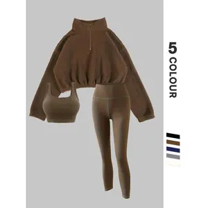 Women's Solid Thermal Lined Tracksuit Set, Sporty Casual Comfy Breathable Three-piece Outfits for Gym Workout Running, Valentine's Day Gift for Girl