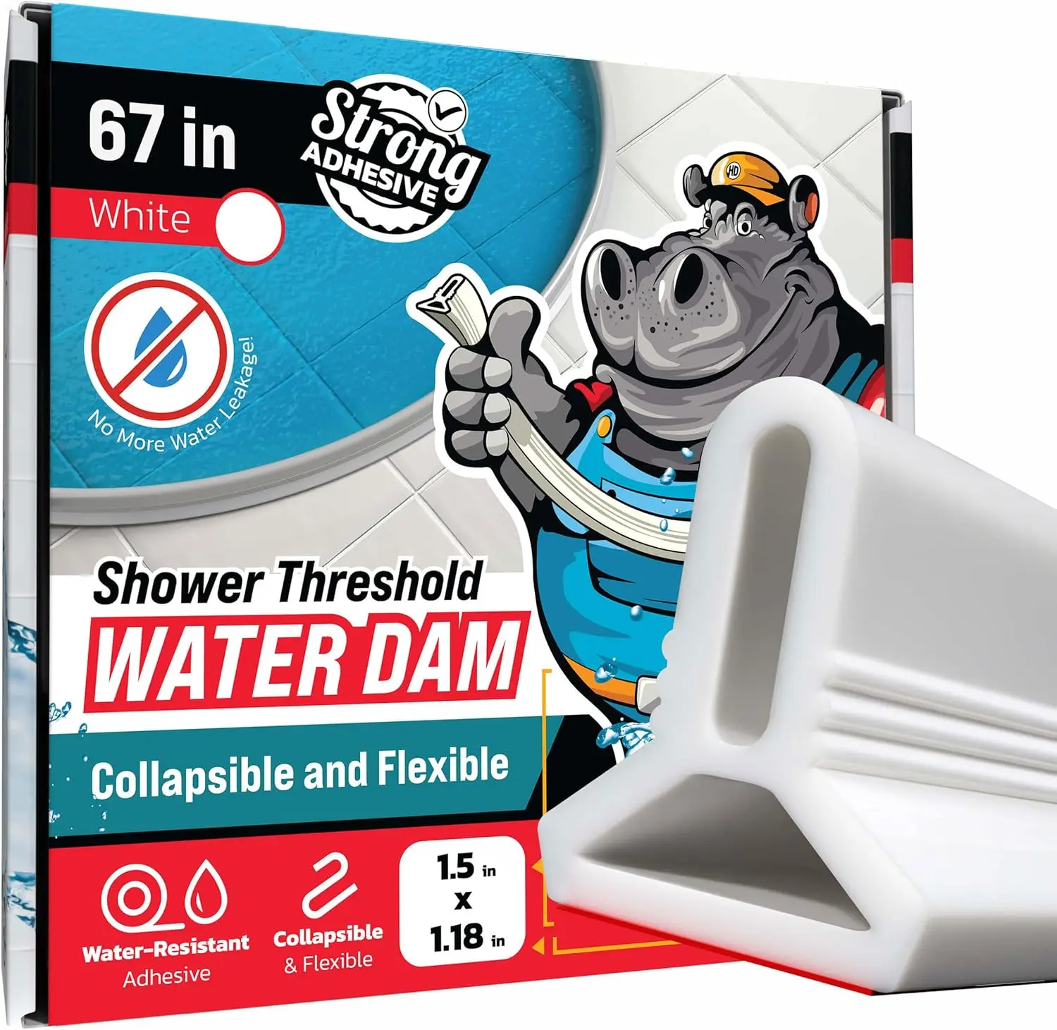 Shower Threshold Water  Barrier 67" - White Collapsible Shower Water Blocker - Shower Guard for Walk in Shower - Water Guard Stopper for Floor - Shower  - 1.5" Tall - By