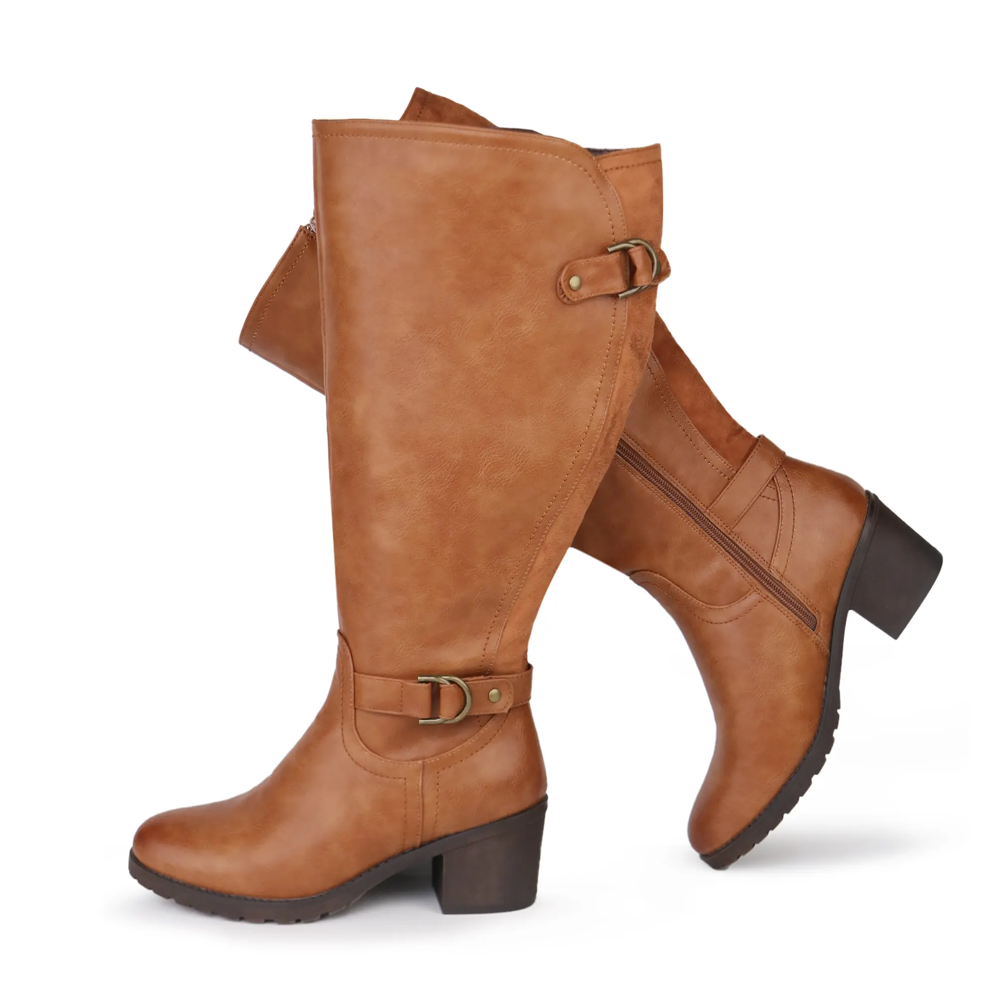 Women's Stylish Extra Wide Calf Knee-High Riding Shoes - Block Heel, Decorated Double Buckle, Plain Round Toe, Comfortable Winter Footwear, Shoe,shoes for back to school,back to school shoes
