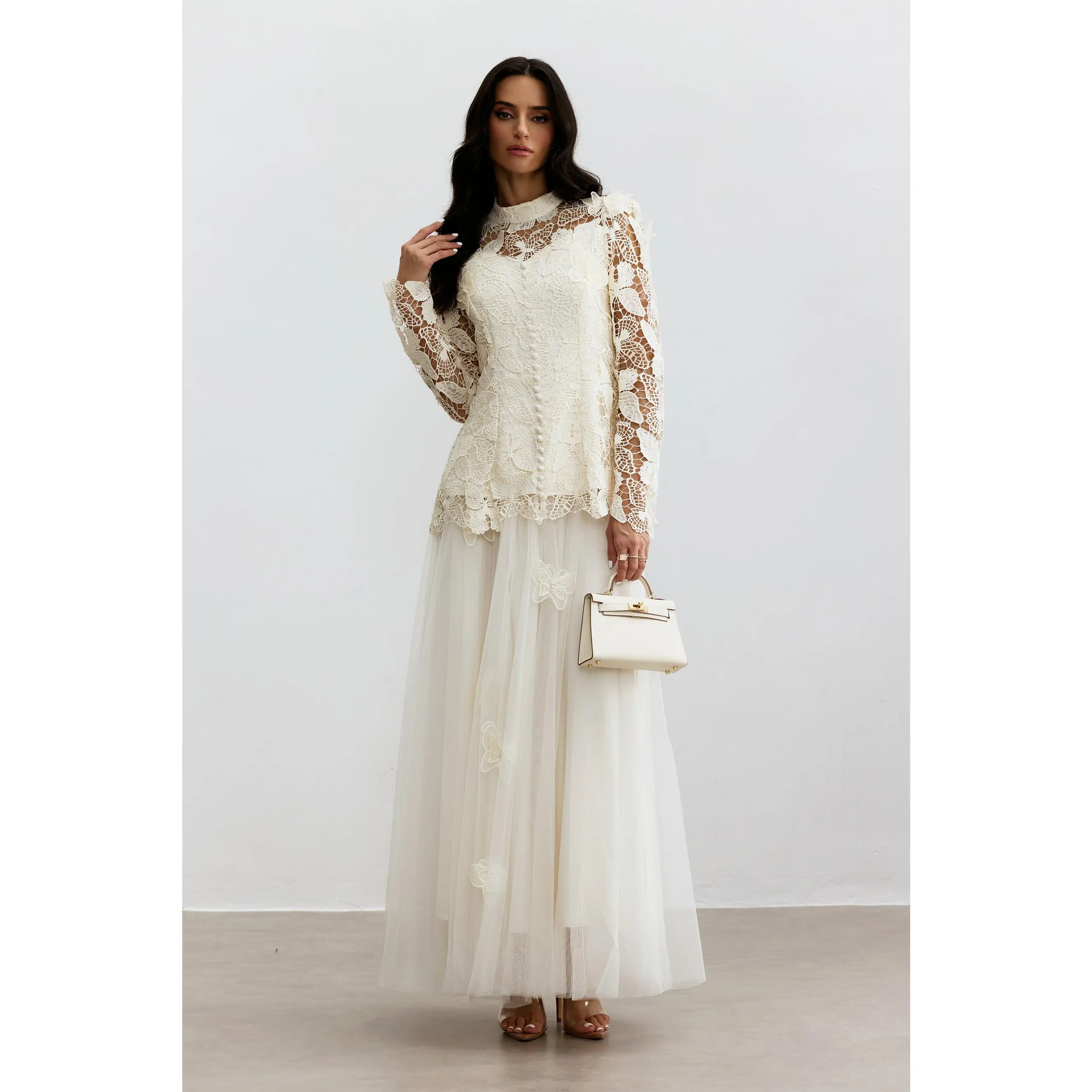 Sunfere Butterfly Embroidered Lace Maxi Dress - Mock Neck Elegant Modest Gown, Formal Wedding Guest Gala Evening Event