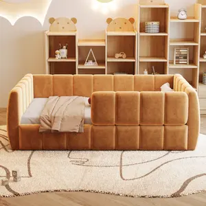 Upholstered Floor Daybed with Removable Guardrails,Compatible with standard US mattresses , Safety Bed with High Headboard & Footboard, Orange