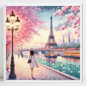 Eiffel Tower Paris Pattern Diamond Arts Colorful Painting Kit without Frame, Diamond Pattern Design, 5D Full Round Diamond Art Crafts, Handicraft, DIY Wall Art Decorations for Gifts