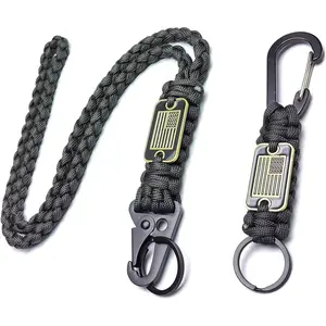 Paracord Lanyard Keychain with USA Flag Parachute Rope Necklace Keychains for Outdoor Activities Keys Whistle