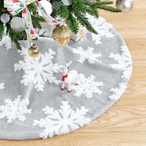 Small Christmas Tree Skirt Faux Fur Tree Skirt 24inch Grey Plush Skirt with Snowflakes for Christmas Party Decorations