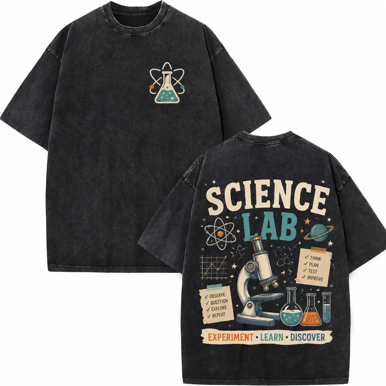 Cool Vintage Washed Science Lab Graphic Tee Oversized Soft Cotton Double Sided Atom Microscope Print Experiment Learn Discover Nerd Student Back To School Casual Campus Top