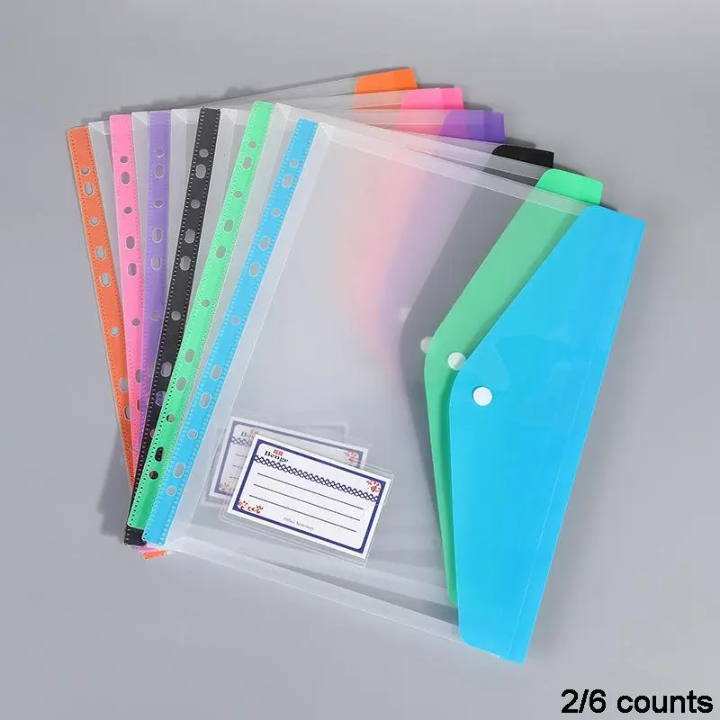 Random Color 11 Hole Clear Loose Leaf File Bag, 2 Counts/6 Counts A4 File Storage Bag, Student File Storage Bag with Label Pocket, File Folder, Office Supplies