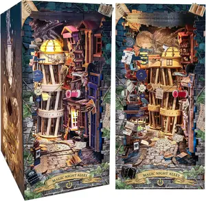 Spilay DIY Dollhouse Booknook Kit,DIY Bookshelf kit,Bookends Model Build kit,Handmade Crafts Gifts for Birthday Christmas (Magical Night Alley with LED Lights, English Manual)