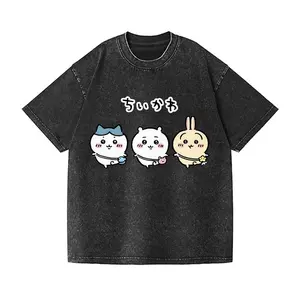 Men's Chiikawa Characters Distressed Vintage Acid Wash Oversized Round Neck Short-Sleeve T-Shirt - Festive Streetwear, Everyday Casual Menswear Top, Shortsleeve, Tshirt,summervibes