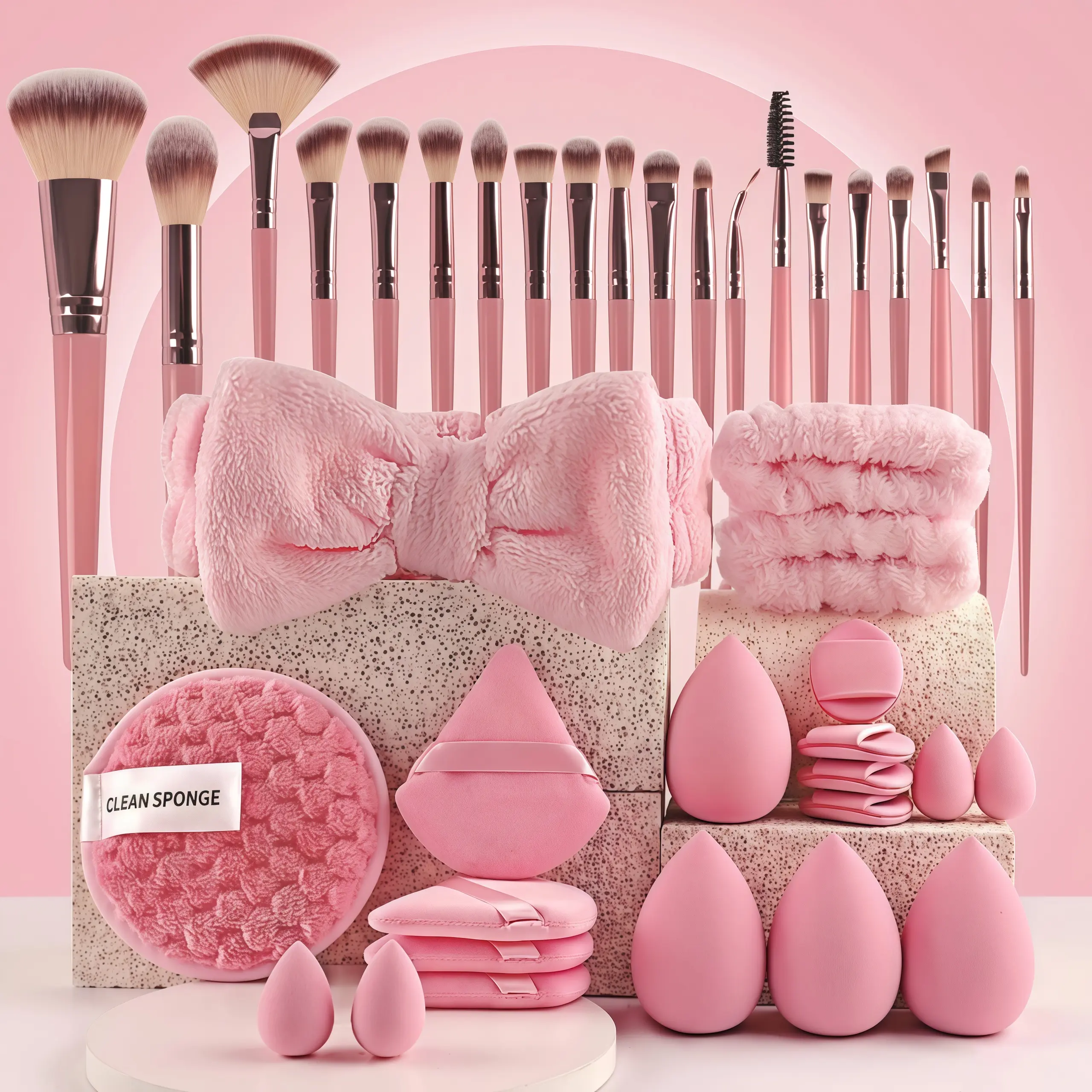 40Pcs Makeup Brush Set with Beauty Sponges and Headband, All-in-One Professional Makeup Tools Kit (Pink/Lilac/Mocha) for Women Girls