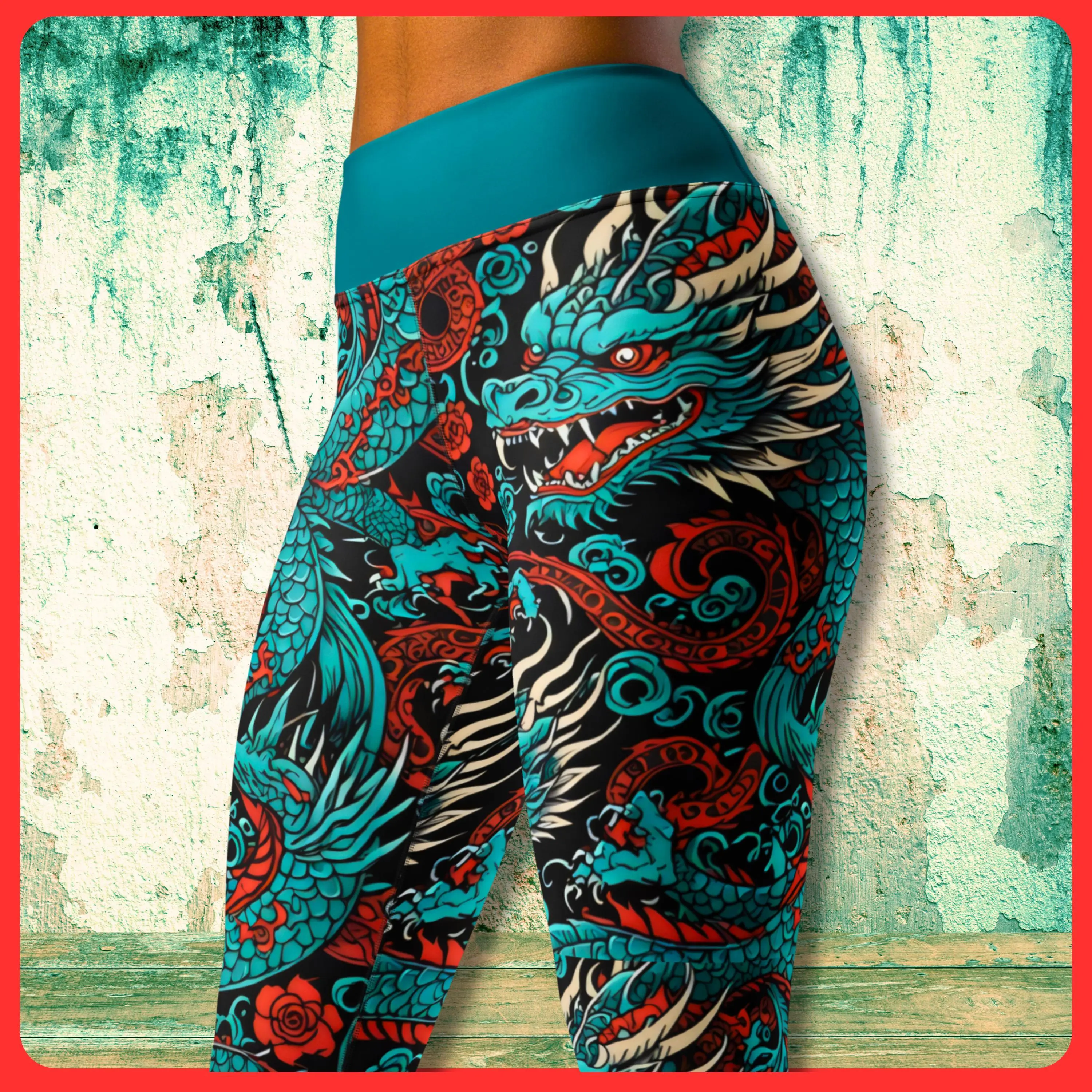 Blue Dragon Leggings - Chinese New Year Turquoise Red Black Zodiac Tattoo Print Scales Epic Pattern Beautiful Gym Workout Womens Yoga Pants