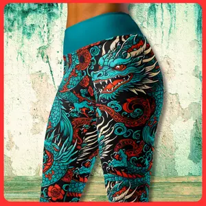 Blue Dragon Leggings - Chinese New Year Turquoise Red Black Zodiac Tattoo Print Scales Epic Pattern Beautiful Gym Workout Womens Yoga Pants