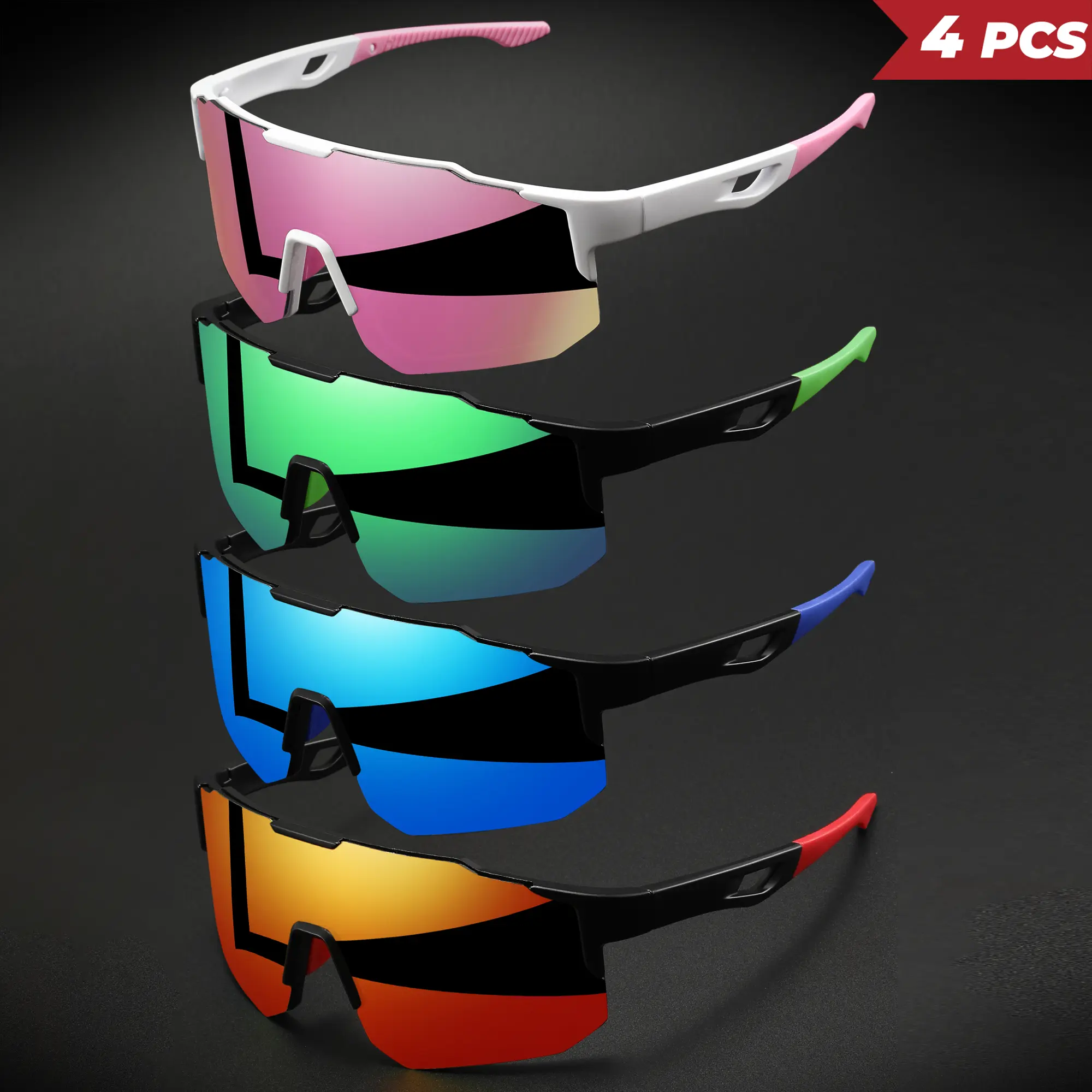 XUH 4 Pack Biking Sunglasses, Colorful Oversized Wraparound Style for Unisex Wear with UV400 Sun Protection for Hiking & Outdoor Cycling, 4Pcs-7, Bike Riding, Cycling Xuh Sports Sunglasses, Oversized Wraparound Design, Uv400 Shield, Biker Frames