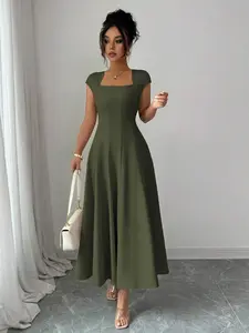 Women's Elegant Olive Green Square Neck Cinched Waist Splice A-Line Short Sleeve Midi Dress, Summer Tea Party, Commute, Beach, Vacation, Music & Beer Festival