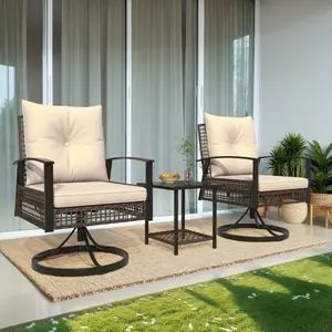 3-Piece 360° Swivel Rocker Patio Set: 2 PE Rattan Chairs + Coffee Table with Cushions, All-Weather Outdoor Furniture for Backyard, Balcony, Porch, Beige/Gray