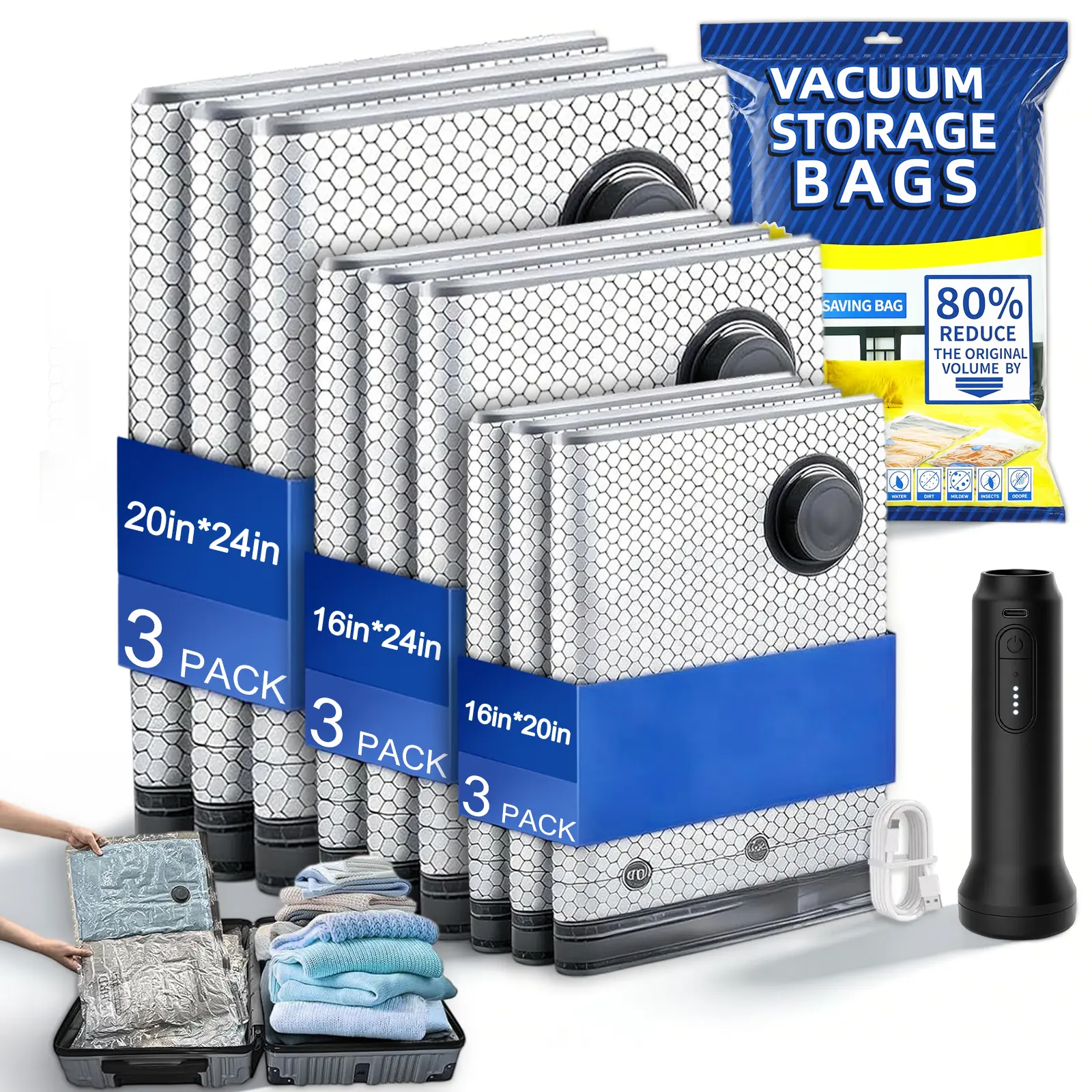 15 Pack Space Saving Bags (3 Sizes) - Reusable, Water Proof & Durable Bags with Cordless Electric Pump for Clothes, Travel Packing, Cordless Design, Multifunctional Storage Solution, Portable, Easy Compression Of Clothes, Multi-Size, Volume Reduction