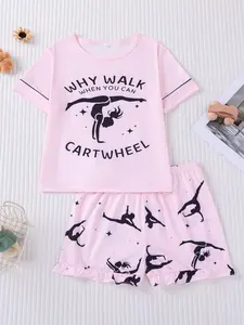 Two sets of cute dancing girls' printed children's pajamas, Soft casual pajamas, short sleeved shirts and ruffle shorts, casual comfortable dancing girls' cartoon prints, suitable for older children