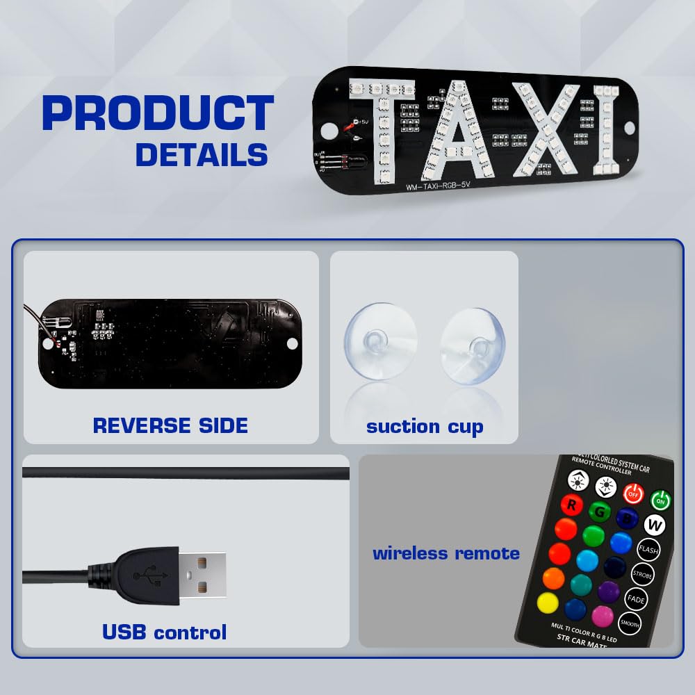 1set RGB LED Sign Decor,Colorful Taxi Flashing Hook on Car Window with USB Inverter Taxi Light (RGB)