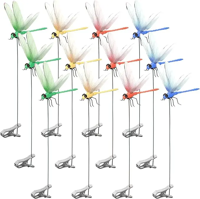 12PCS 3D Dragonfly Clips Outdoor Decor, Natural Insect Repellent, Fake Dragonfly Rod Clips for Garden Patio Yard Lawn, Hat Clips for Camping Fishing, Trending Outdoor Decor