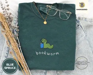 Comfort Colors Bookworm Embroidered T-shirt Cute T-shirt For Book Lovers, Bookish T-shirt Gifts