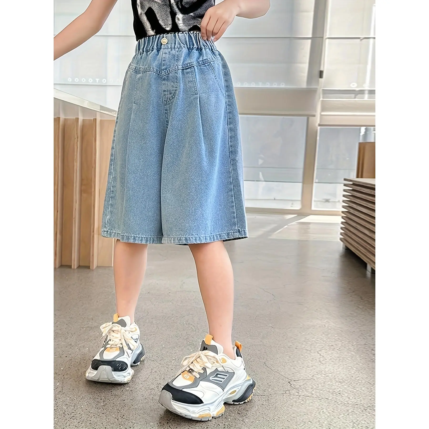 Teen Girls' Casual Loose-Fit Cropped Jeans, Solid Cotton Blend Summer Pants with Elastic Belt for Ages 13-14, Clothes, Cropped Pants