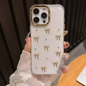3D Transparent Glitter Gold Bow Phone Case Cover Protector, Shiny Crystal Design, Soft Durable Tpu Material, Fits iPhone 17 16 15 14 13 12 11 Pro Max Accessories