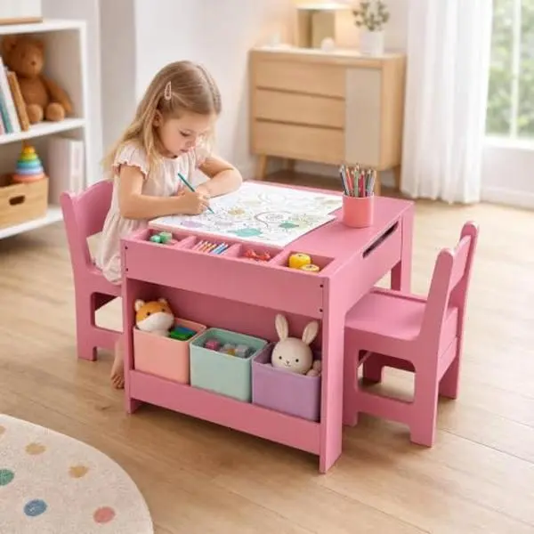 Kids Table and Chair Set with Bookshelf, 3-Compartment Storage, Pink