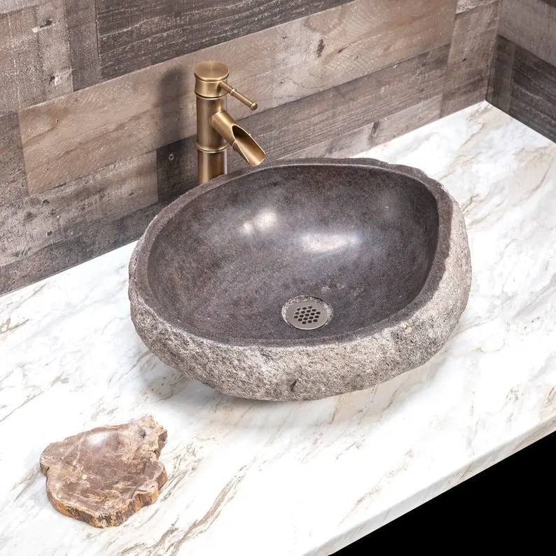 River Stone Vessel Sink - Granite Material, 15-17" Long x 12-14" Wide x 5" High, Grayish Tan with Brown, Red & Green Hues