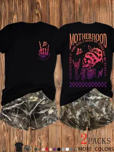 Spring Summer Retro Street Style Short Set, Cow Skull Print Western Cowboy Atmosphere, Breathable Cotton Fabric, Comfort & Trendy, 2 Piece