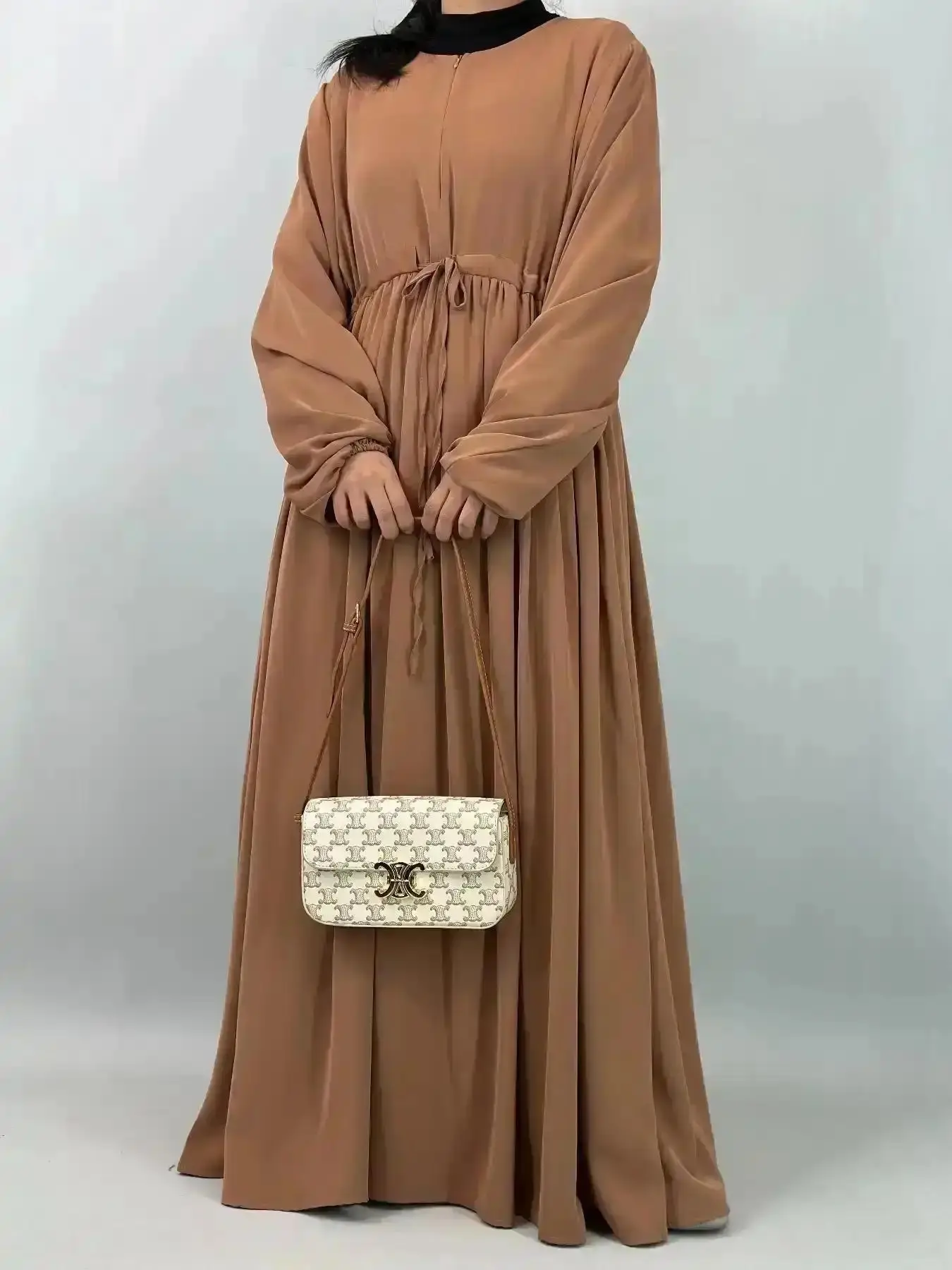 Trendy Formal Evening Gown, Color Belted Arabian Dress, Elegant Modest Long Sleeve Round Neck for Daily Wear, Ladies Islamic Clothing All Seasons, Dresses Women Stylish Fashion Feminine Breathable
