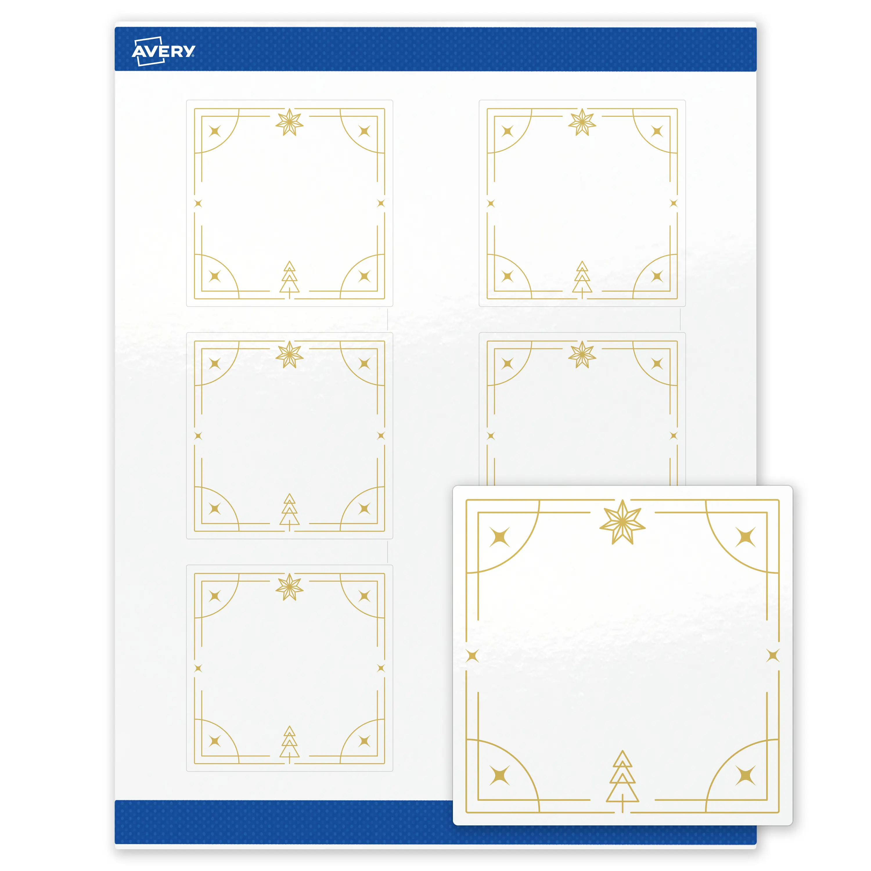 Avery® Printable Christmas Labels with Sure Feed® Technology, Square, 3" x 3", Pre-Printed Metallic Gold Christmas Trees Design, Glossy White, Laser & Inkjet Compatible, 60 Total