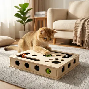 Wooden Cat Puzzle Box With Balls Interactive Enrichment Toy For Indoor Cats Scratching Pad Teaser Toy For Boredom Relief Includes 2 Catnip Balls & 3 Toy space-saving design scratcher playful condo furniture scratch post vertical