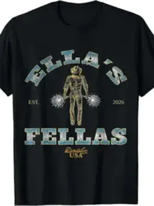 Streetwear Brand Ella's Fellas Skull Print T-Shirt, Western Culture Retro Vintage Style, Loose Fit Short Sleeve, Daily Casual Wear, Travel, Man