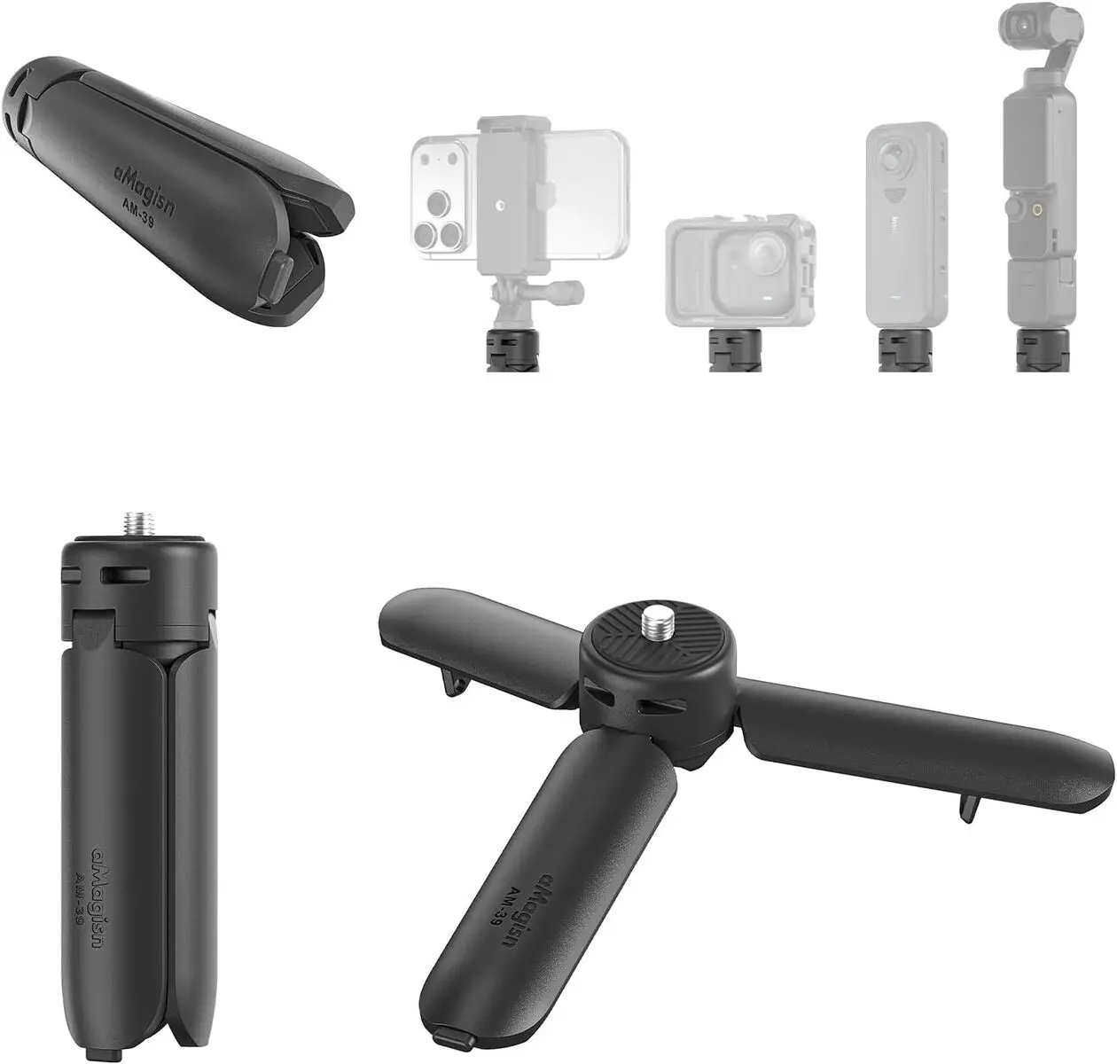 aMagisn One Click Open Mini Tripod Stand & Vlog Handle - with 1/4" Screw Mount for LunaUltra, DJI Osmo Pocket 4/3, DJI Osmo Action 6/5 Pro, Insta360 X5, GoPro Action Cams