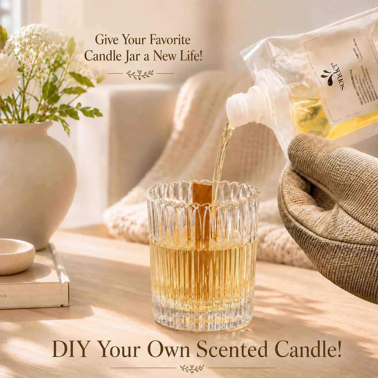 SONDERY Scented Candle DIY Refill Kit - 21.2 oz 600g Natural Wax | Premium Soy & Beeswax Blend for Aromatherapy. Includes 4 Wax Bags, 8 Wooden Wicks & 4 Metal Bases. Beginner-Friendly Crafting Supplies, 5 Scents.