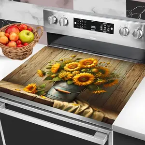 Sunflower pattern rubber stove protection pad, anti slip and heat-resistant polyester cover, suitable for electric glass stoves, scratch resistant, multifunctional for flat top ovens, washing machines, dryers, kitchen decoration, oven pads, absorbent pads