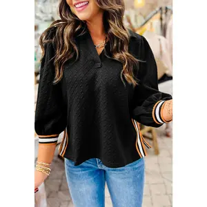 Black Stylish Textured Striped Patchwork Polo Collar Pullover Sweatshirt