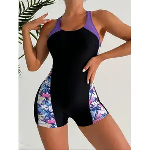 Women's Plants Print Patchwork Cut Out Scoop Neck One-piece Swimsuit, Casual Comfy Breathable Swimwear for Summer, Ladies Swimsuit for Beach Swimming, Leaf Print Swimsuit, Cutout Bathing Suits
