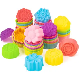 Mini  Cupcake Lines Molds - 60 count 2 Inch Muti-colo Floal Shaped Baking Cups, Non-Stick Cupcake Holdes Wappes eusable Muffin Cups Lines fo Oven Pan Micowave Dishwashe