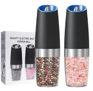 Automatic Gravity Electric Salt and Pepper Grinder Set - 2 Pack, Adjustable Coarseness, Battery Powered with LED Light (Black)