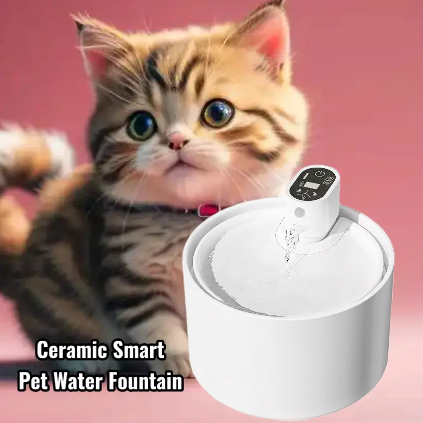 Ceramic Smart Pet Water Fountain 2025 Upgraded with Smart Motion Sensor 2.3L Wireless Auto-Sensing Water Dispenser for Cats Dogs Ultra Quiet 25dB Self-Cleaning 4-Stage Filtration Large Capacity Elegant White
