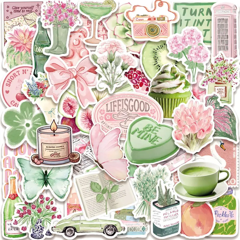50pcs Pink and Green Ins Small Fresh Series Cute Graffiti Funny Stickers Suitable for Suitcases, Mobile Phone Cases, Laptops, Helmets, Skateboards Waterproof Decoration DIY Creative Stickers