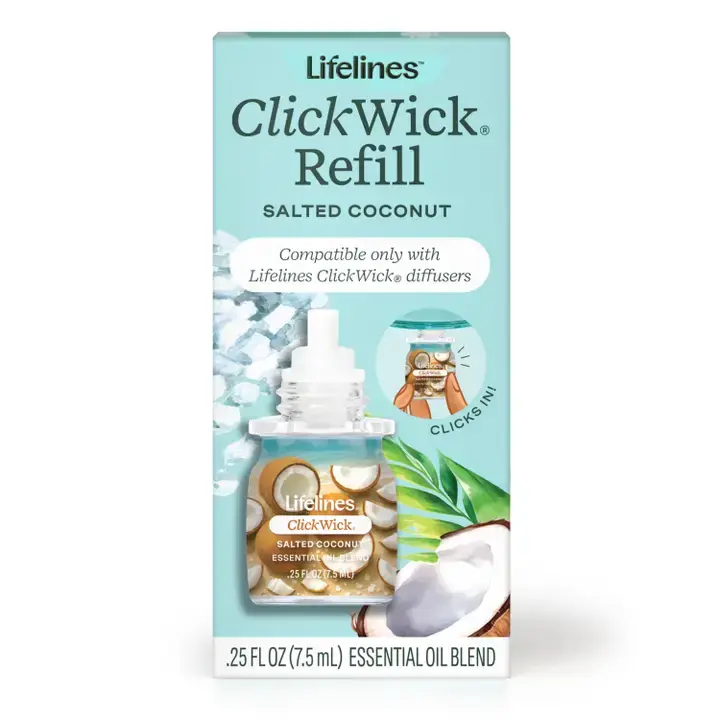 Lifelines ClickWick Tropical Aroma 7.5ml Essential Oil Diffuser Refill - Salted Coconut Home Fragrance with Mess-Free Cap, Giftable Box