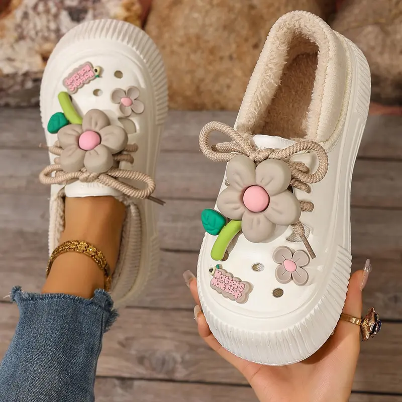 Couple Plain Fluffy Fleece Lined, Women One-Step Soft Sole Snow Boots, Cute Sunflower New Eva Home Shoes, Warm Winter Flat Short Boots, short booties, Footwear