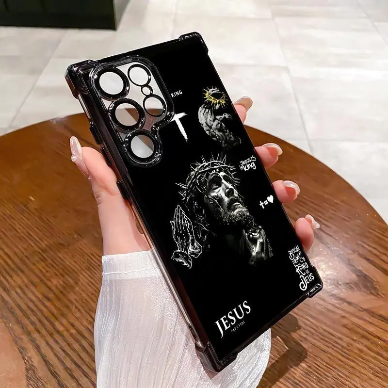 Creative Jesus Pattern Cross Shockproof Casing For SAMSUNG GALAXY S22 S23 S24 S25 FE ULTRA PLUS Electroplating luxury transparent four corner anti drop and shockproof phone case  313