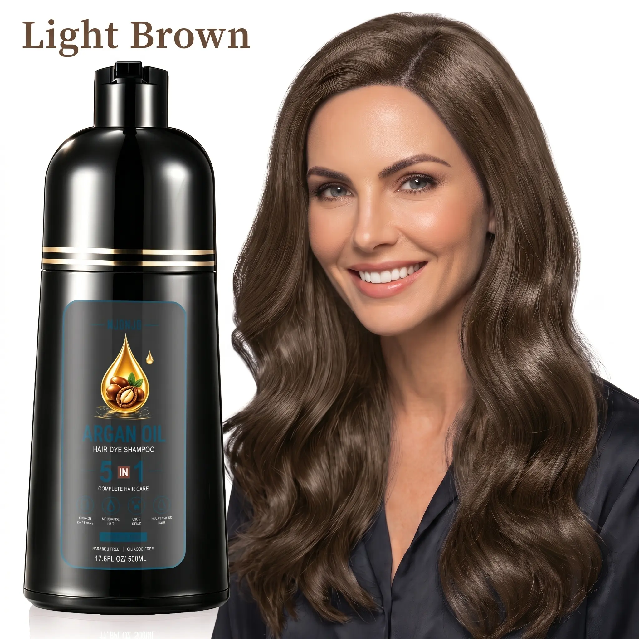 MJDMJD 5-in-1 Argan Oil Hair Dye Shampoo, 100% Gray Hair Coverage for Women & Men, Enriched with Ginseng & Plant Extracts, Ammonia Free Natural Hair Color Shampoo - 17.6 Fl Oz (500ml)