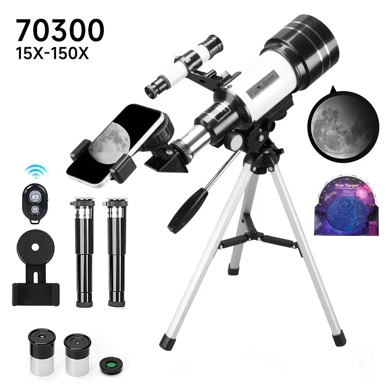 70 mm large-aperture, 300 mm focal length, high-definition zoom astronomical telescope, complete with Bade film filters, a lunar filter, a camera mount and a star chart. The ideal telescope
