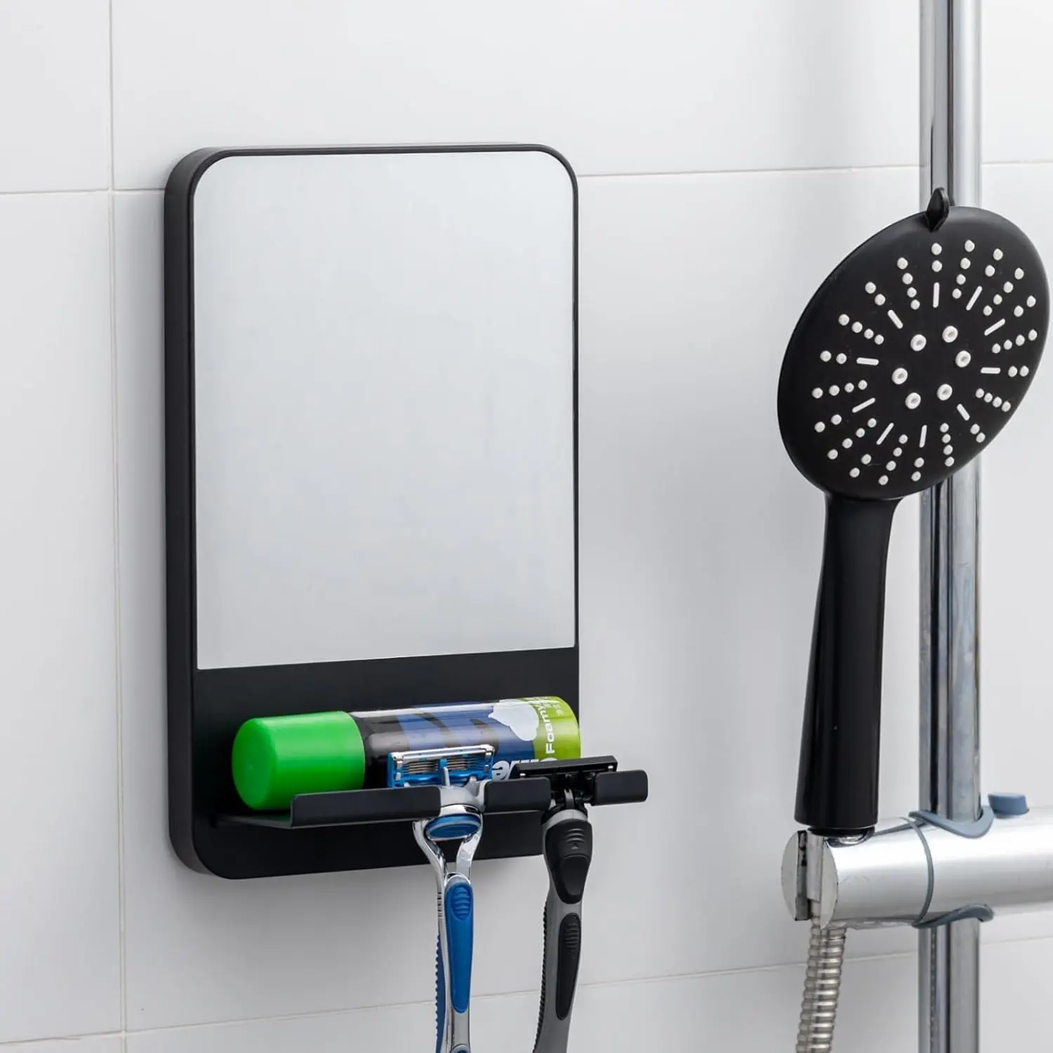 Black Anti-Fog Durable Plastic Rectangle Shower Mirror with Adjustable Suction Mount, Built-In Razor Holder Hook, Anti-Fog Technology, Easy to Clean Removable Bathroom Gadget for Small Spaces Shaving & Grooming, Modern
