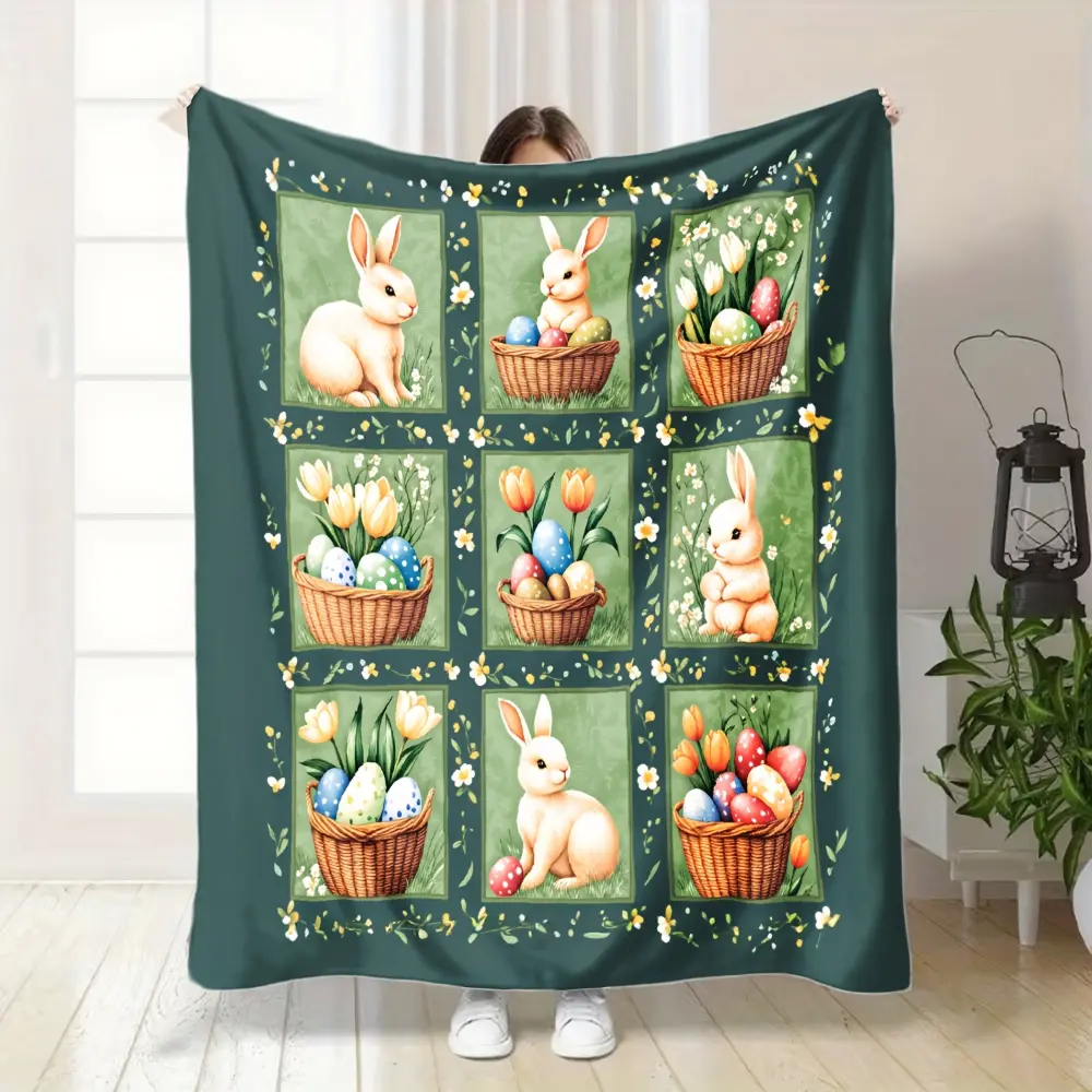 Easter Bunny Blanket, Soft Flannel Throw Blanket with Rabbit Egg Tulip Basket Print, Cozy Gift for Kids Girls Toddlers and Easter Lovers, Spring Nursery Decor for Bed Couch Sofa, Lightweight Warm Throw for Naptime Movie Night