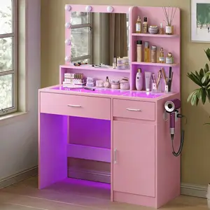 White Vanity Desk with LED Mirror & 3 Light Modes, Glass Top, Power Outlet, RGB Drawers, for Women Girls Bedroom, Adjustable Brightness, Hair Dryer Rack, P2 Wood, Easy Setup